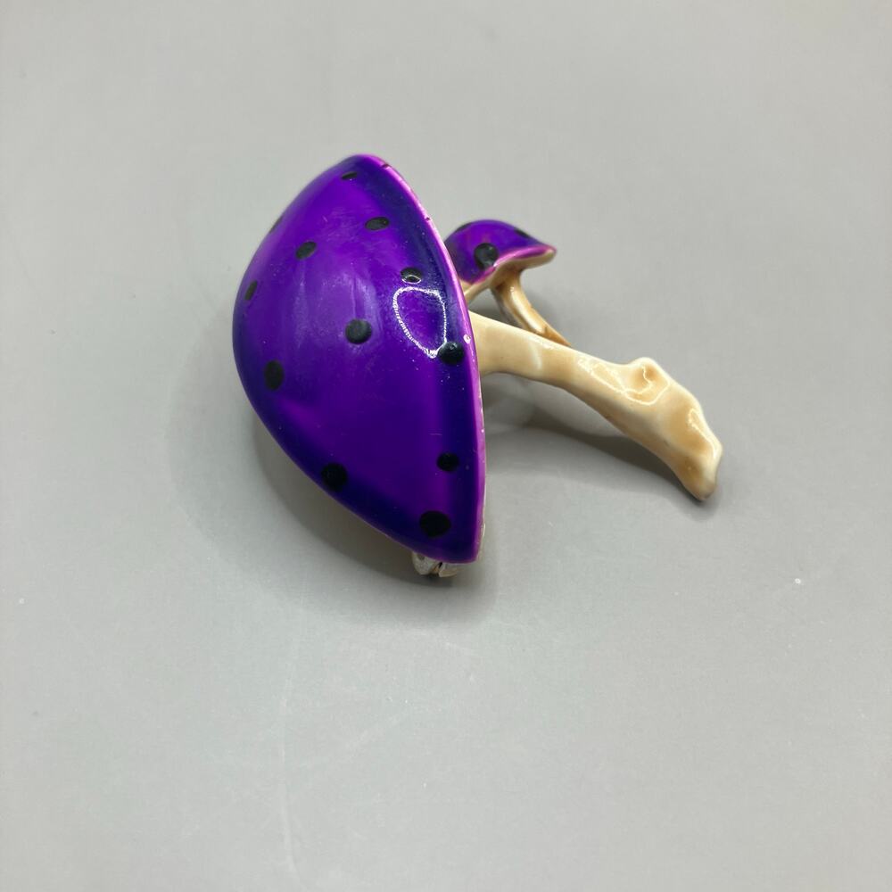 Mushroom Brooch Pin Purple Gold Tone Metal Glazed Small Artsy Boho - Picture 4 of 8